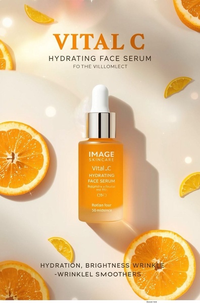 A clean, bright product photography ad showcasing a face serum bottle surrounded by fresh orange slices to emphasize vitamin C content and hydration benefits.